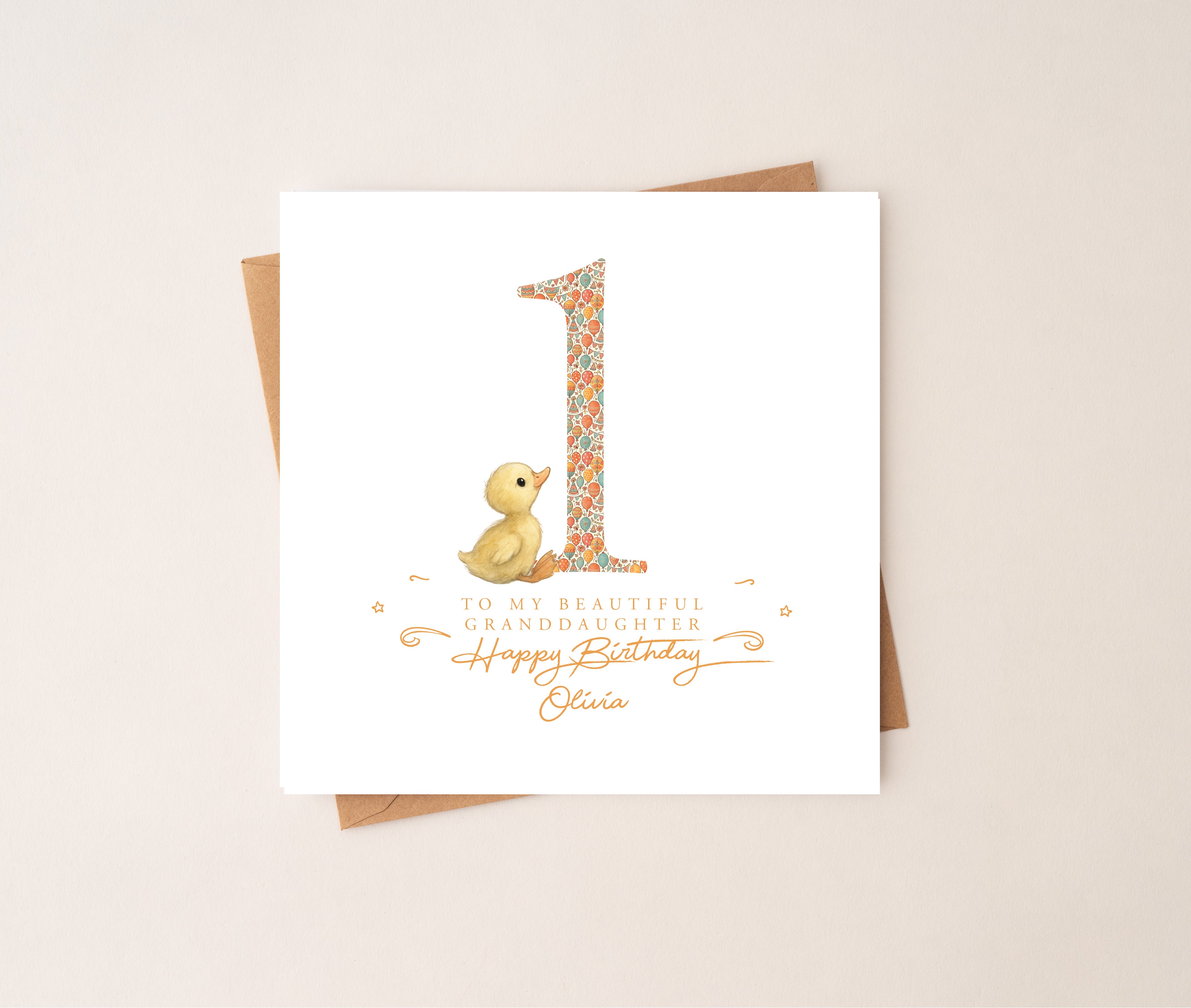 Personalised 1st Birthday Duckling Card | Bright Balloon Pattern
