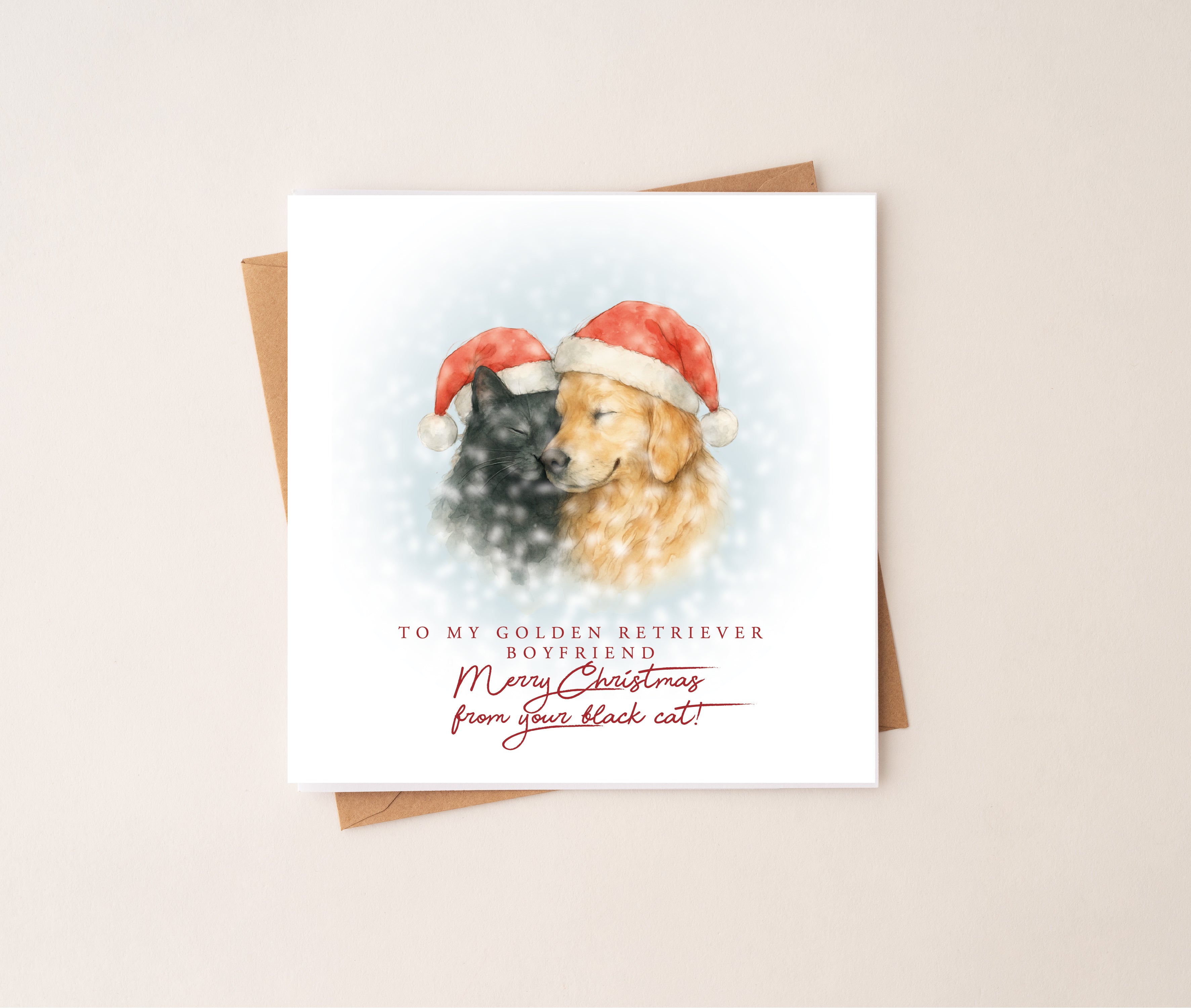 Black Cat & Golden Retriever Couple Christmas Card