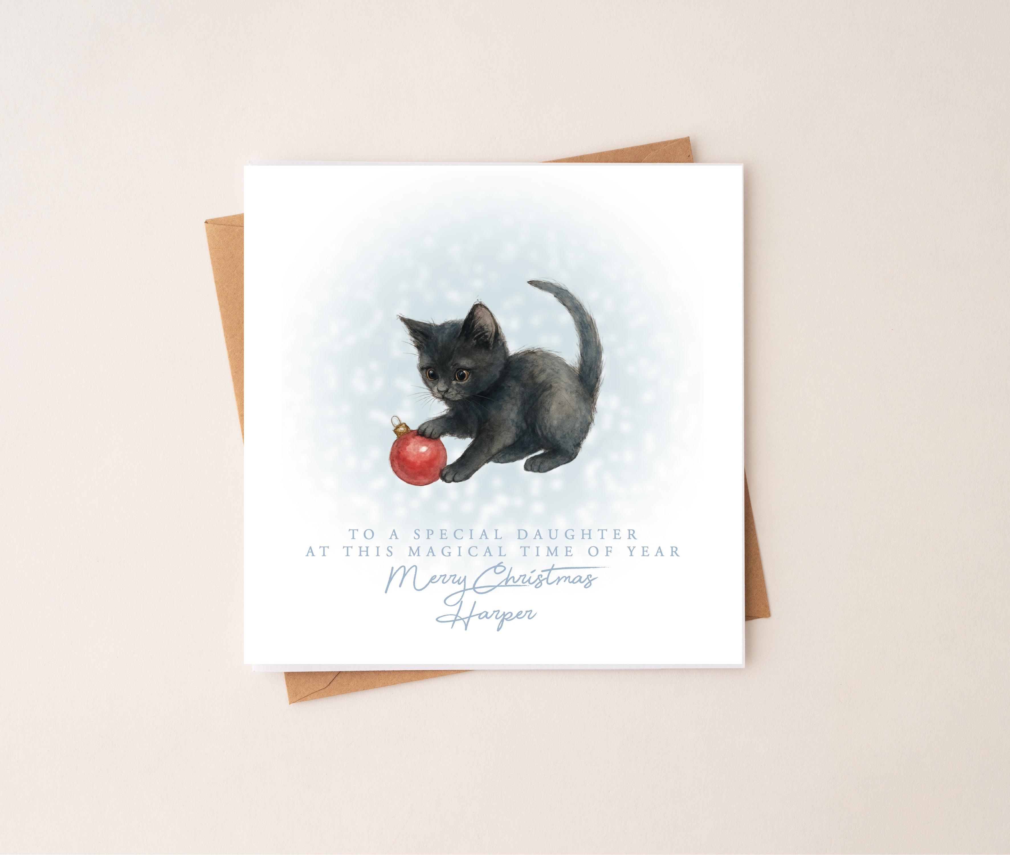 Personalised Christmas Kitten Card - Blue