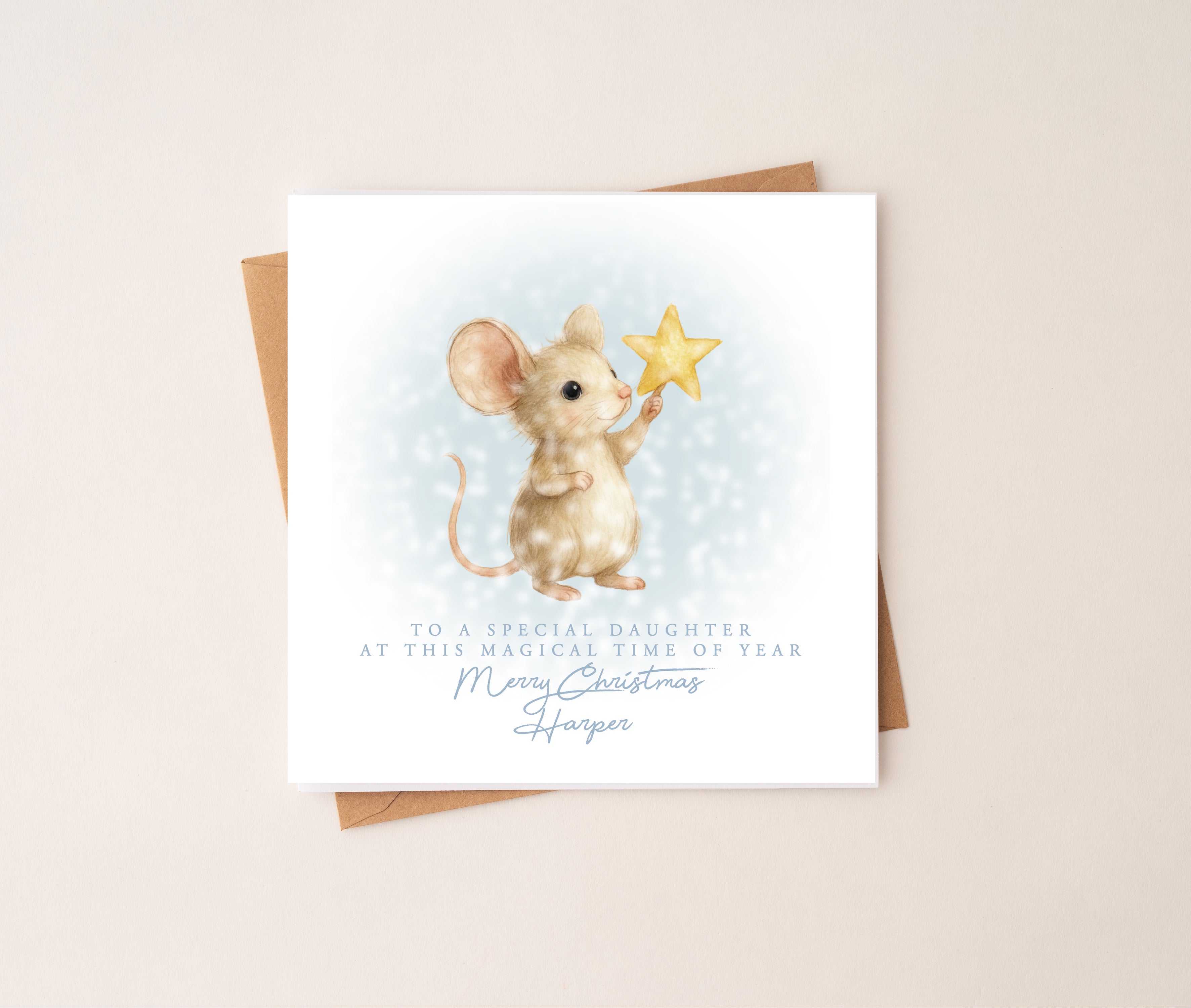Christmas Mouse & Star Christmas Card - Blue