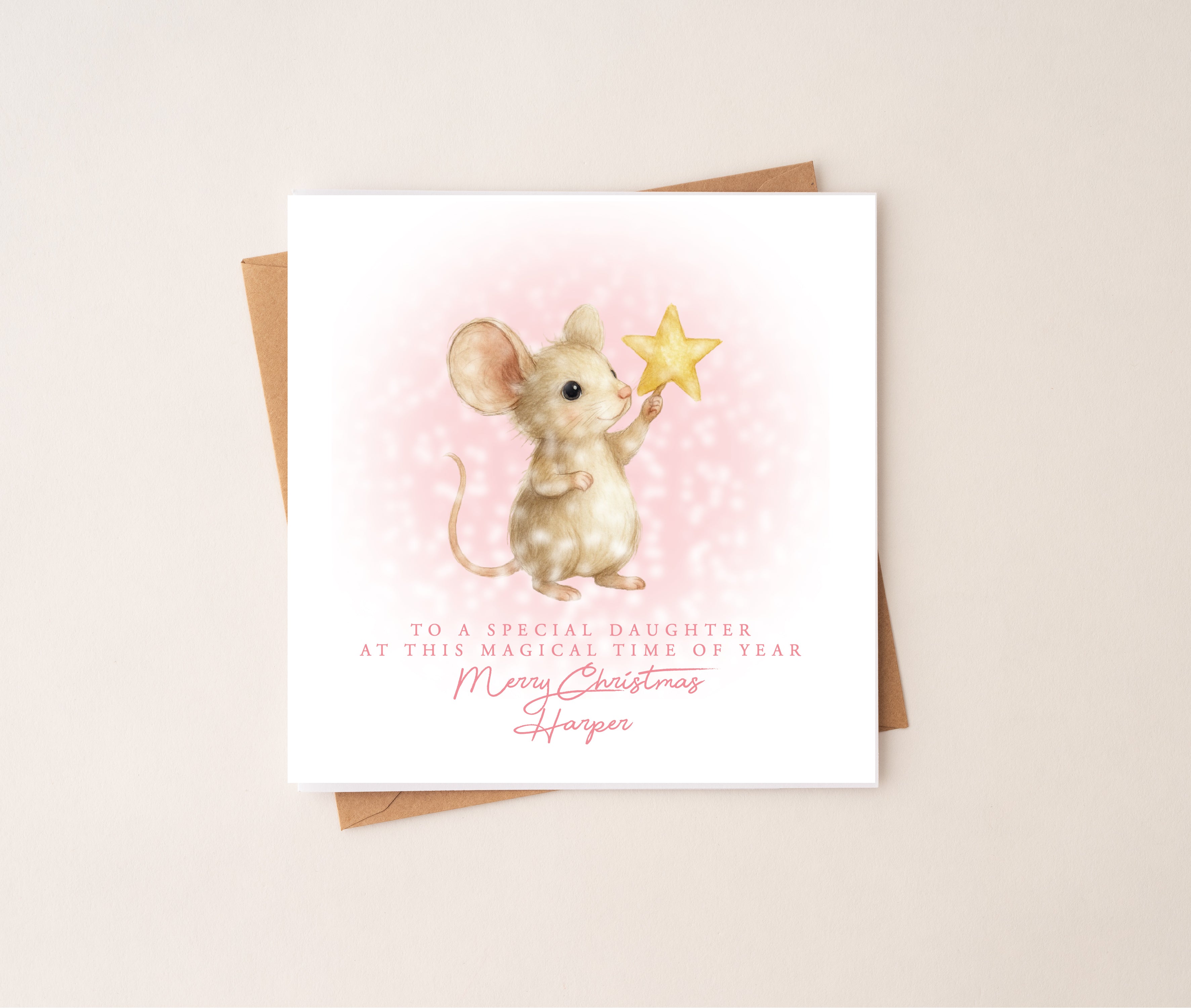 Christmas Mouse & Star Christmas Card - Pink